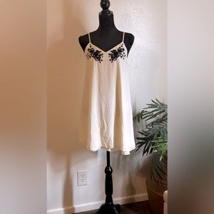 White Slip Dress with Black Appliqués